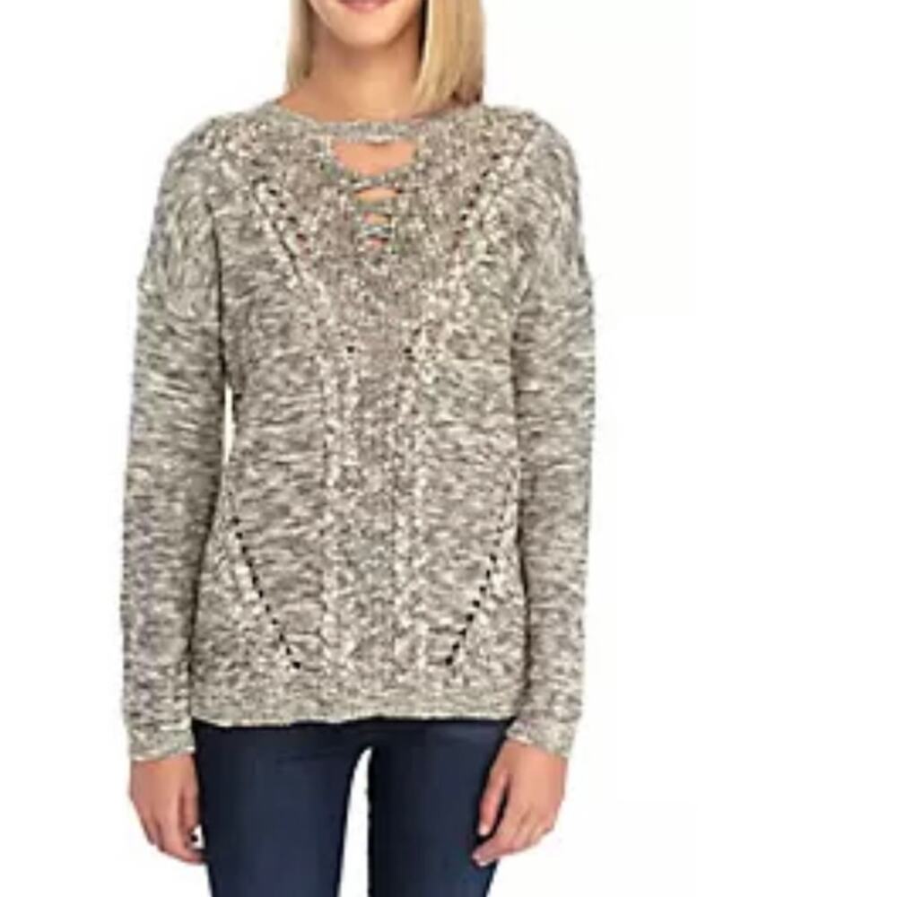 Jolt Nordstrom Gray Marled Lace Up V-Neck Pullover Sweater M Boho Cable Knit